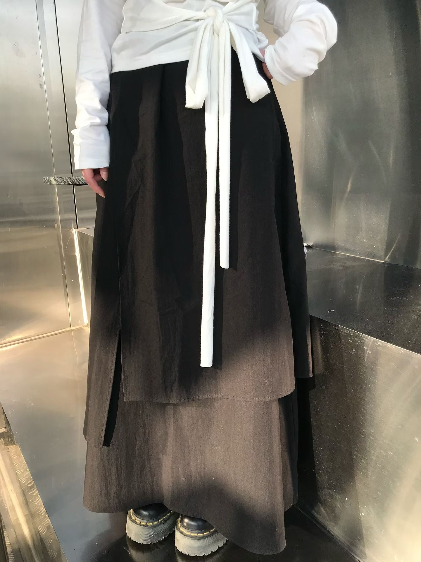 雙層造型感不規則下擺長裙