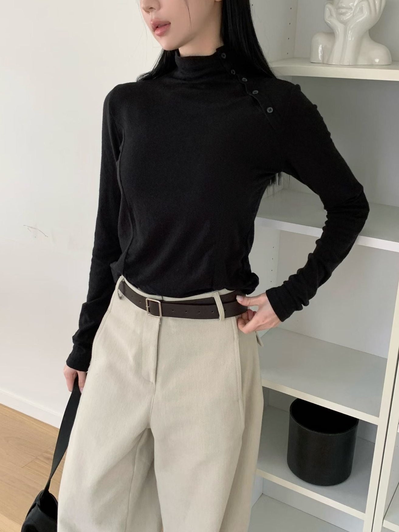 斜側排釦長袖上衣